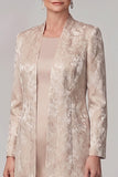 Champagne 2-Piece Sheath Round Neck Jacquard Long Mother of the Bride Dress with Jacket