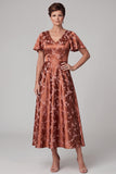 Reddish-Brown A-Line V-Neck Printed Satin Midi Mother of the Bride Dress with Flutter Sleeves