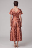 Reddish-Brown A-Line V-Neck Printed Satin Midi Mother of the Bride Dress with Flutter Sleeves