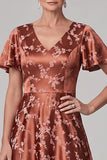 Reddish-Brown A-Line V-Neck Printed Satin Midi Mother of the Bride Dress with Flutter Sleeves
