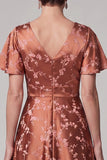 Reddish-Brown A-Line V-Neck Printed Satin Midi Mother of the Bride Dress with Flutter Sleeves