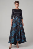 Black A-Line Boat Neck Printed 3/4 Sleeves Maxi Mother of the Bride Dress with Bow