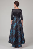 Black A-Line Boat Neck Printed 3/4 Sleeves Maxi Mother of the Bride Dress with Bow