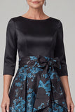 Black A-Line Boat Neck Printed 3/4 Sleeves Maxi Mother of the Bride Dress with Bow