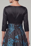 Black A-Line Boat Neck Printed 3/4 Sleeves Maxi Mother of the Bride Dress with Bow