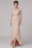 Champagne Sheath Round Neck 3/4 Lace Sleeves High Low Chiffon Maxi Mother of the Bride Dress