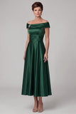 Dark Green A-Line Off the Shoulder Ruched Satin Mother of the Bride Dress with Rhinestone