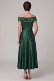 Dark Green A-Line Off the Shoulder Ruched Satin Mother of the Bride Dress with Rhinestone