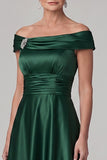 Dark Green A-Line Off the Shoulder Ruched Satin Mother of the Bride Dress with Rhinestone