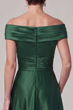 Dark Green A-Line Off the Shoulder Ruched Satin Mother of the Bride Dress with Rhinestone