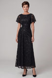Black A-Line Bateau Neck Ruched Sequins Midi Mother of the Bride Dress with Rhinestone