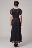 Black A-Line Bateau Neck Ruched Sequins Midi Mother of the Bride Dress with Rhinestone