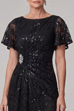 Black A-Line Bateau Neck Ruched Sequins Midi Mother of the Bride Dress with Rhinestone