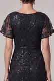 Black A-Line Bateau Neck Ruched Sequins Midi Mother of the Bride Dress with Rhinestone