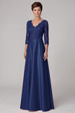 Navy A-Line V-Neck 3/4 Sleeves Satin Long Mother of the Bride Dress with Lace