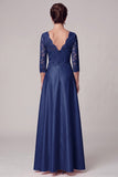 Navy A-Line V-Neck 3/4 Sleeves Satin Long Mother of the Bride Dress with Lace