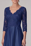 Navy A-Line V-Neck 3/4 Sleeves Satin Long Mother of the Bride Dress with Lace