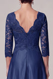 Navy A-Line V-Neck 3/4 Sleeves Satin Long Mother of the Bride Dress with Lace