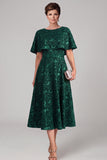 Dark Green A-Line Round Neck Printed Midi Mother of the Bride Dress with Cape