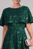 Dark Green A-Line Round Neck Printed Midi Mother of the Bride Dress with Cape
