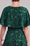 Dark Green A-Line Round Neck Printed Midi Mother of the Bride Dress with Cape