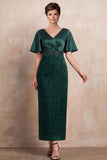 Dark Green Sheath V-Neck Printed Flare Sleeves Midi Mother of the Bride Dress with Beading