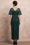 Dark Green Sheath V-Neck Printed Flare Sleeves Midi Mother of the Bride Dress with Beading