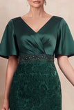 Dark Green Sheath V-Neck Printed Flare Sleeves Midi Mother of the Bride Dress with Beading