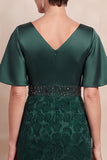 Dark Green Sheath V-Neck Printed Flare Sleeves Midi Mother of the Bride Dress with Beading