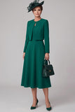 Dark Green A-Line Round Neck Tea-Length Mother of the Bride Dress with Bolero