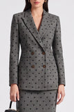 Grey Polka Dot Fitted Peak Lapel Single Breasted Knee-Length Work Dress