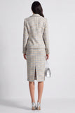 Grey Blue Two Piece Notched Lapel Single Breasted Plaid Work Dress