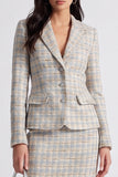 Grey Blue Two Piece Notched Lapel Single Breasted Plaid Work Dress
