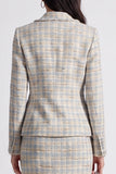 Grey Blue Two Piece Notched Lapel Single Breasted Plaid Work Dress