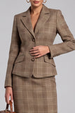 Brown Two Piece Notched Lapel Single Breasted Midi Work Dress