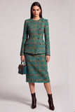 Green Plaid Two Piece Round Neck Midi Work Dress