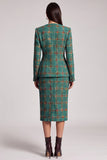 Green Plaid Two Piece Round Neck Midi Work Dress