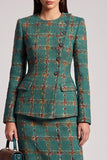 Green Plaid Two Piece Round Neck Midi Work Dress