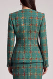 Green Plaid Two Piece Round Neck Midi Work Dress