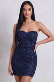Navy Sequins Bodycon Strapless Floral Embroidery Short Cocktail Dress