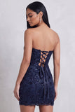 Navy Sequins Bodycon Strapless Floral Embroidery Short Cocktail Dress