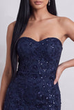 Navy Sequins Bodycon Strapless Floral Embroidery Short Cocktail Dress