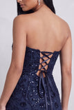 Navy Sequins Bodycon Strapless Floral Embroidery Short Cocktail Dress