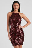 Burgundy Sequins Bodycon Halter Short Cocktail Dress with Fringes
