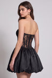 Black Corset Strapless Bubble Hem Short Cocktail Dress with Lace