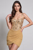 Golden Corset Bodycon Chiffon Ruched Short Cocktail Dress with Sequins