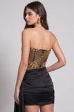 Black Golden Corset Sheer Strapless Ruched Bodycon Short Cocktail Dress with Beading