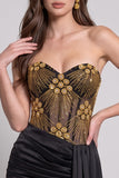 Black Golden Corset Sheer Strapless Ruched Bodycon Short Cocktail Dress with Beading
