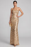 Sparkly Golden Sequins Strapless Mermaid Maxi Evening Dress