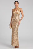 Golden Mermaid Halter Backless Long Evening Dress with Sequins